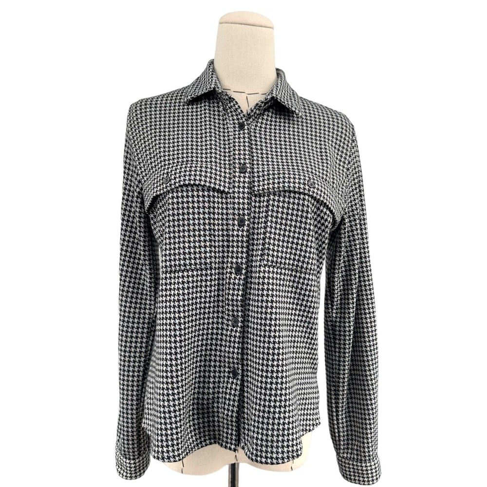 Silly People Houndstooth Button Down Shirt Womens S 100% Cotton Black White